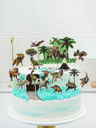 16入組紙蛋糕創意恐龍圖案蛋糕插件裝飾適用於兒童生日派對