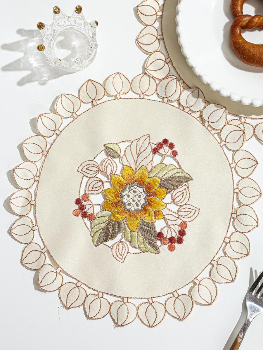 1入組花卉刺繡創意滌綸防滑隔熱桌墊適用於派對 - 杏色 - 查看 1
