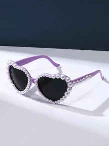 1副女士仿珍珠装饰心形框架时尚眼镜，适合夏季海滩度假、户外、旅行装饰 - 紫色 - 查看 1
