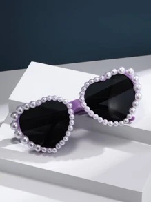 1副女士仿珍珠装饰心形框架时尚眼镜，适合夏季海滩度假、户外、旅行装饰 - 紫色 - 查看 2