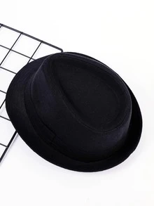 Men Solid Fedora Hat - Black - View 3