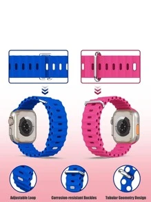 1 件运动型硅胶替换表带，适用于 Apple Watch 系列 38 毫米 40 毫米 41 毫米 42 毫米 44 毫米 45 毫米 49 毫米，Apple Watch Ultra SE S10 9 8 7 6 5 4 3 2 1 - 海洋主题设计 - 彩色 - 查看 3