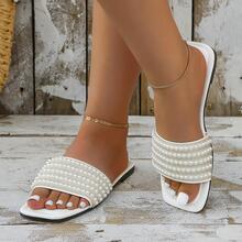 Fashion White Sandals For Women, Faux Pearl & Rhinestone Decor Slide Sandals - White - View 3