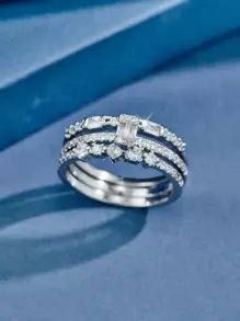 3 cái/bộ Nhẫn Trang Trí Đá Cubic Zirconia - Bạc - Xem 2