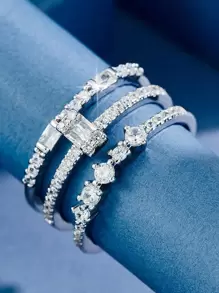 3 cái/bộ Nhẫn Trang Trí Đá Cubic Zirconia - Bạc - Xem 1