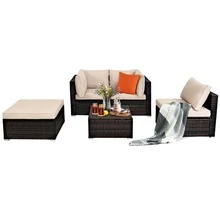 Costway 5PCS Patio Rattan Furniture Set Ottoman Table - Beige - View 10