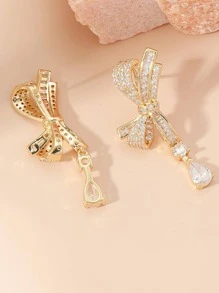 2入組方晶鋯石蝴蝶結耳墜 - 金黃色 - 查看 3