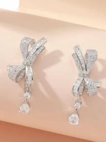 2pcs Cubic Zirconia Bow Drop Earrings Valentines,Mom,Mother,Mother's Day,Gift - Silver - View 1