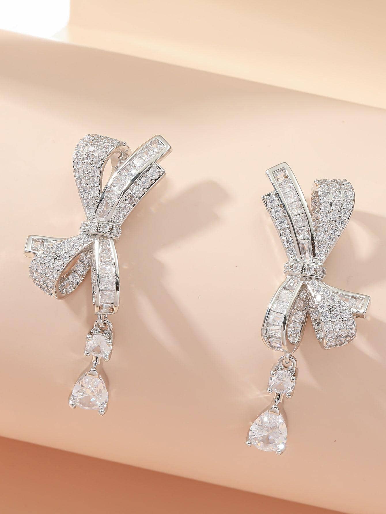 2pcs Cubic Zirconia Bow Drop Earrings Valentines,Mom,Mother,Mother's Day,Gift - Silver - View 1