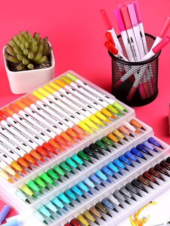 48-Color Set Of European & American Style Art Markers, With Fine & Chisel Tip Brushes, Suitable For Calligraphy, Drawing, Lettering, Sketching And Coloring,School Supplies,Back To School