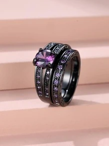 奢華高貴情侶款黑金和紫鑽全鑲嵌戒指套裝適合女士約會 - 紫色 - 查看 1