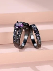 奢華高貴情侶款黑金和紫鑽全鑲嵌戒指套裝適合女士約會 - 紫色 - 查看 3