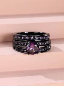 奢華高貴情侶款黑金和紫鑽全鑲嵌戒指套裝適合女士約會 - 紫色 - 查看 5