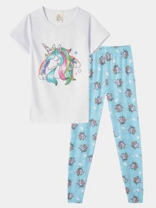 Girls Unicorn Print Tee & Leggings Snug Fit PJ Set - Blue and White - View 1