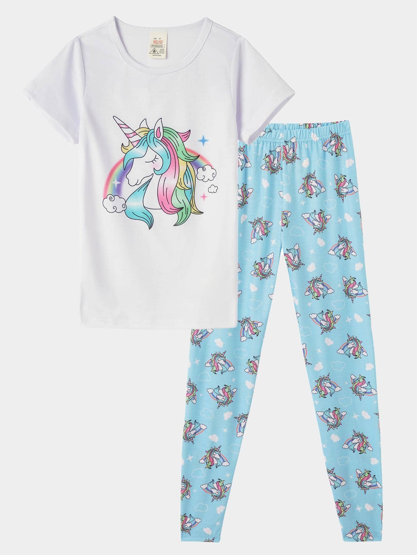 Girls Unicorn Print Tee & Leggings Snug Fit PJ Set - Blue and White - View 1