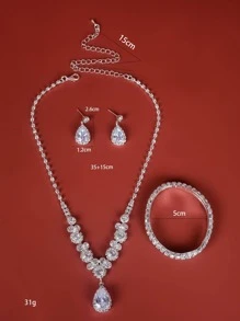 4入组/套魅力四射方晶鋯石裝飾水滴首飾套裝適合女士日常裝飾 - 銀色 - 查看 4