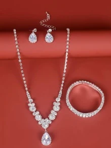 4入组/套魅力四射方晶鋯石裝飾水滴首飾套裝適合女士日常裝飾 - 銀色 - 查看 3