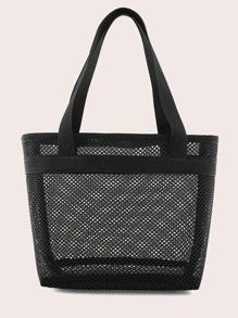 Black Mesh Toiletry Bag Foldable Hollow Out For Beach Cruise Essential Holiday Bag Holiday Essentials For Summer For Vacation Toiletry Bags Summer Travel Essentials For Beach Vacation Holiday School Supplies Dorm Essentials Back To School - Black - View 2