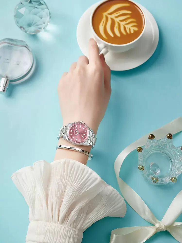 REBIRTH Reloj cuarzo de puntero redondo con diseño de diamante de imitación - Rosa - Añade 3