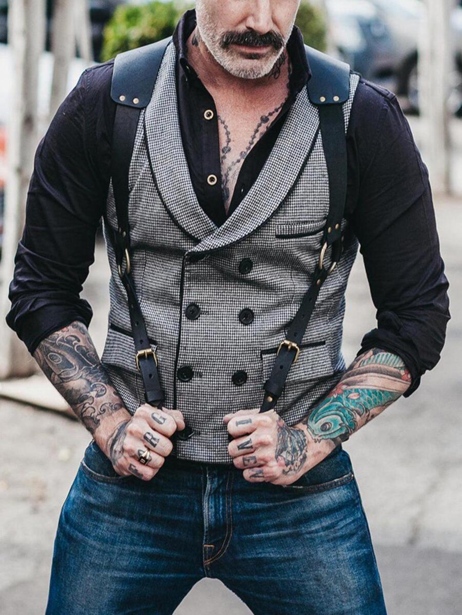 Men's Formal Leather Suspenders Belt Chest Harness - Black - View 1