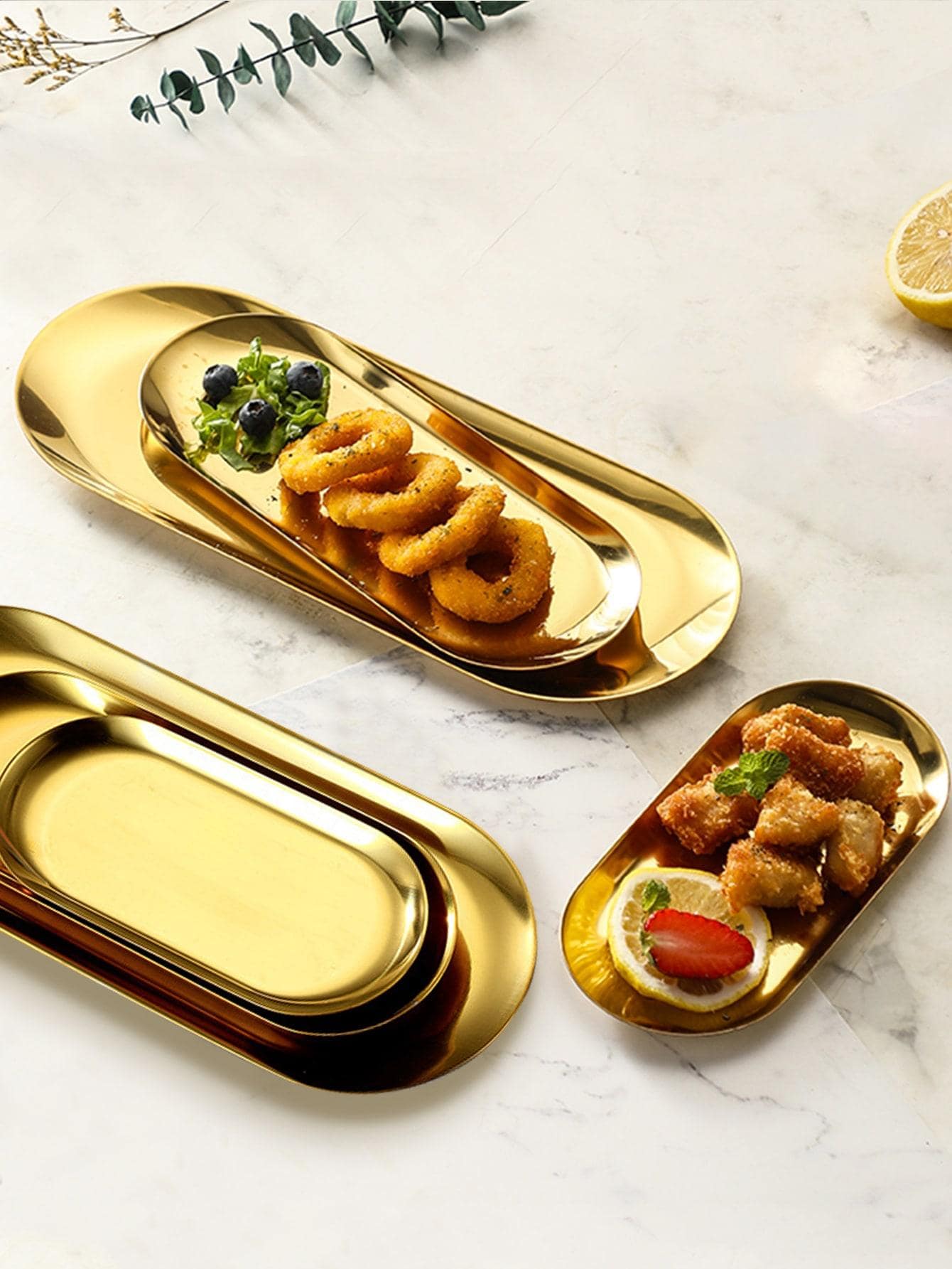 1入組不銹鋼橢圓形盤子 - 金色 - 查看 1