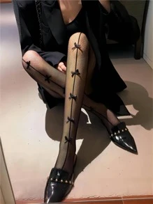 1對女士蝴蝶結裝飾時尚漁網褲襪適用於日常生活 - 黑色 - 查看 3