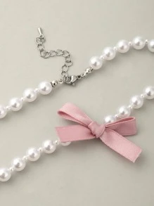Bow Decor Faux Pearl Beaded Necklace - bow tie - View 2