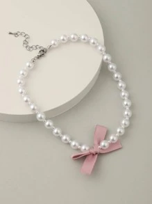 Bow Decor Faux Pearl Beaded Necklace - bow tie - View 3