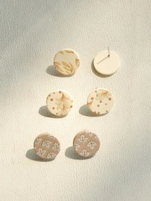 3對/套花卉圖案圓形耳釘 - 彩色 - 查看 3