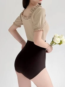 Bañador una pieza de color combinado ribete fruncido de manga farol - Multicolor - Ver 1