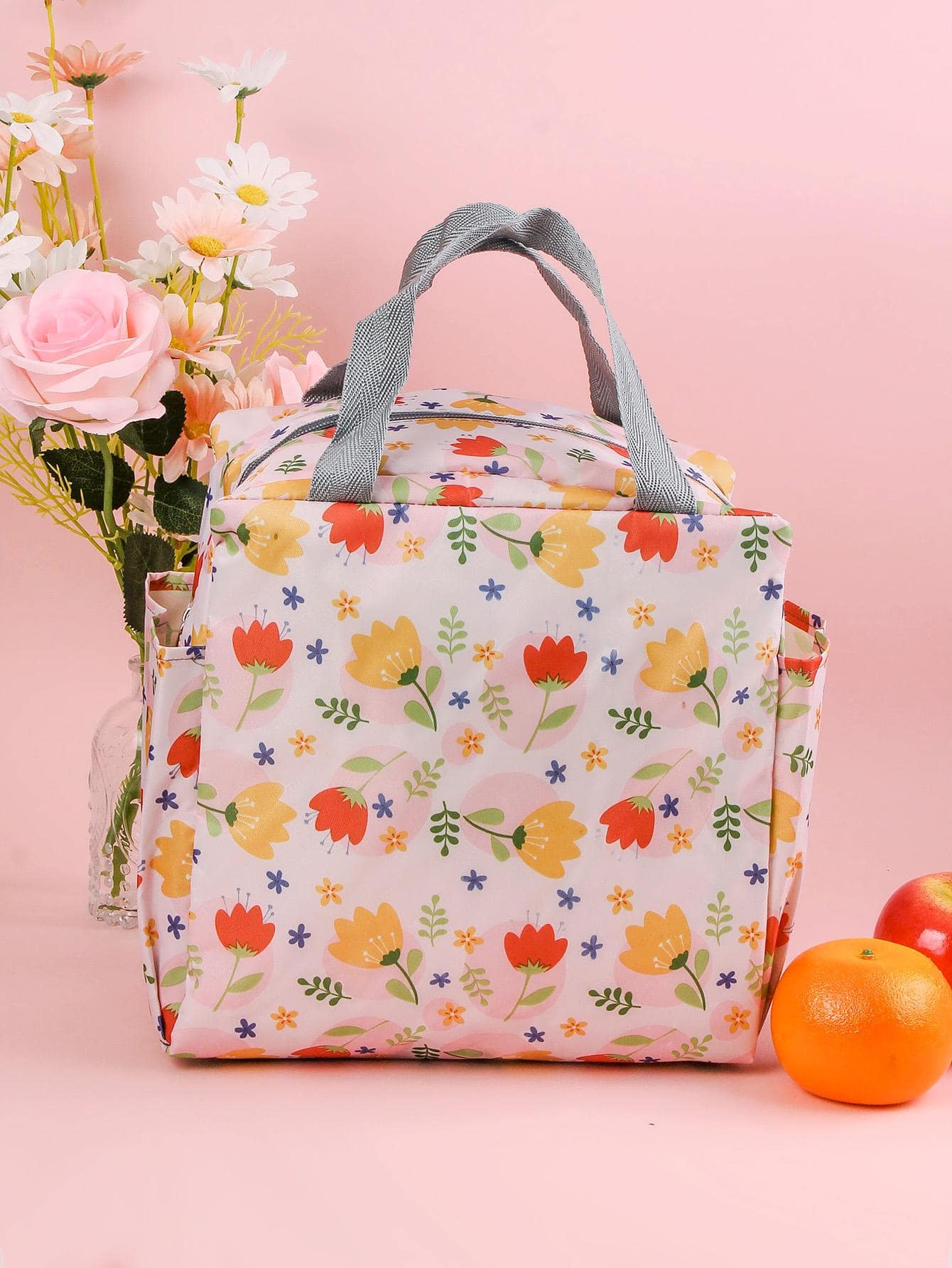 花卉图案午餐袋 隔热便携 适用于学校和工作 学校午餐盒 午餐容器 隔热午餐袋 返校午餐套装 学校用品 午餐盒 袋子 家庭必需品 返校用品 - 彩色 - 查看 1