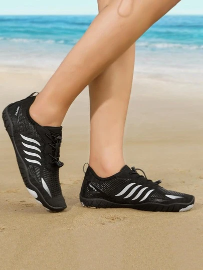Women Striped Pattern Drawstring Design Water Shoes, Sporty Outdoor Elastane Creek Shoes