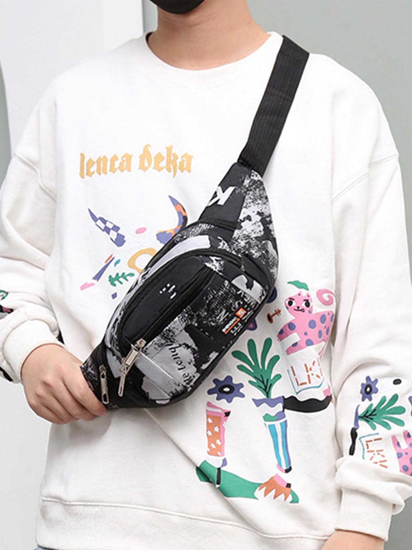 Men Graffiti Graphic Bum Bag Letter Patch Decor Adjustable Strap - Black - View 1