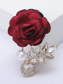 花朵和人工珍珠裝飾胸針 - 紅色 - 查看 1