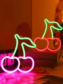 1pc Cherry Shaped Neon Light Logo, Red And Green Cherry Neon Lights, Wall-Decorated Cherry Neon Light Logo, Cute Fruit Led Logo Children's Room, Restaurant, Bar, Fruit Shop, Home Decoration