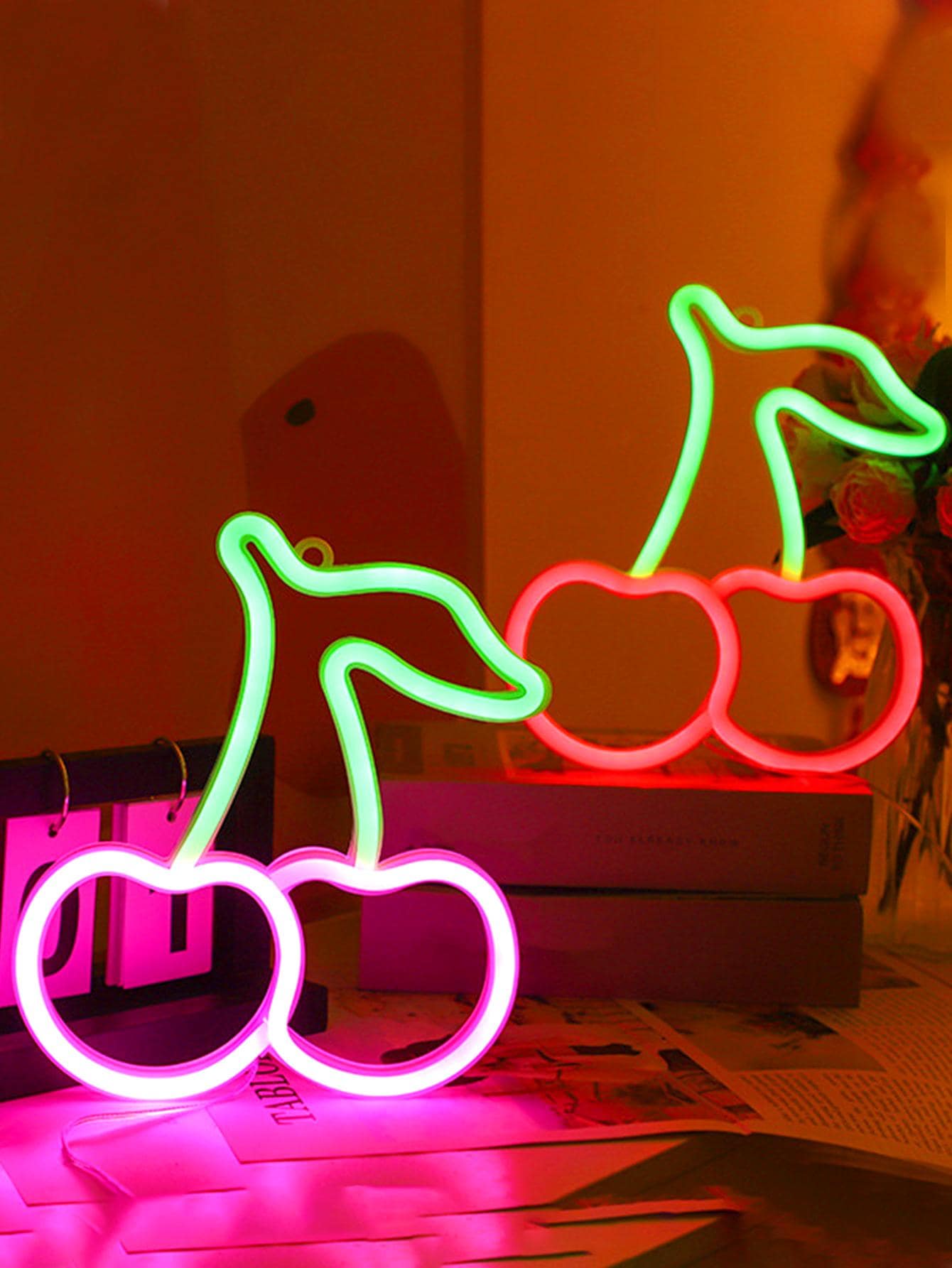 1pc Cherry Shaped Neon Light Logo, Red And Green Cherry Neon Lights, Wall-Decorated Cherry Neon Light Logo, Cute Fruit Led Logo Children's Room, Restaurant, Bar, Fruit Shop, Home Decoration
