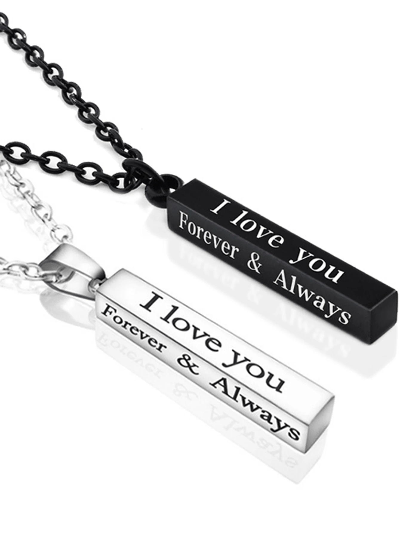 2 Stücke modische, einfache, personalisierte Halskette mit dreidimensionalem quadratischem Edelstahlblock, lange Säulenanhänger für Paar