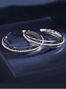 Rhinestone Decor Layered Hoop Earrings - Silver - View 3
