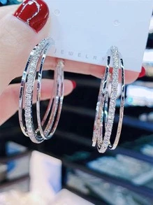 Rhinestone Decor Layered Hoop Earrings - Silver - View 1