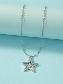 Rhinestone Star Pendant Necklace - Silver - View 3