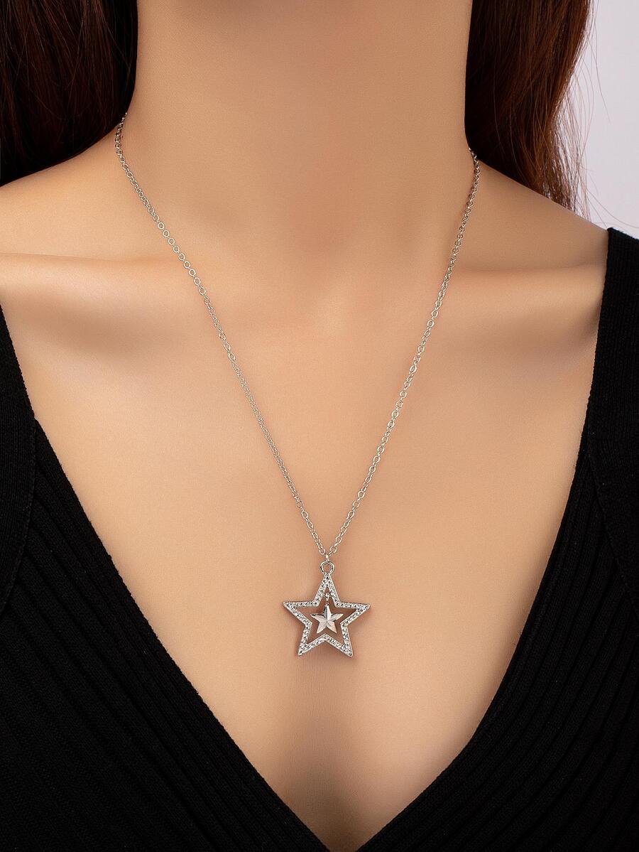 Rhinestone Star Pendant Necklace - Silver - View 1