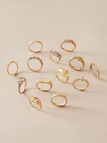 Juego de 13 anillos con hojas de rhinestone de moda - Amarillo Oro - Ver 2