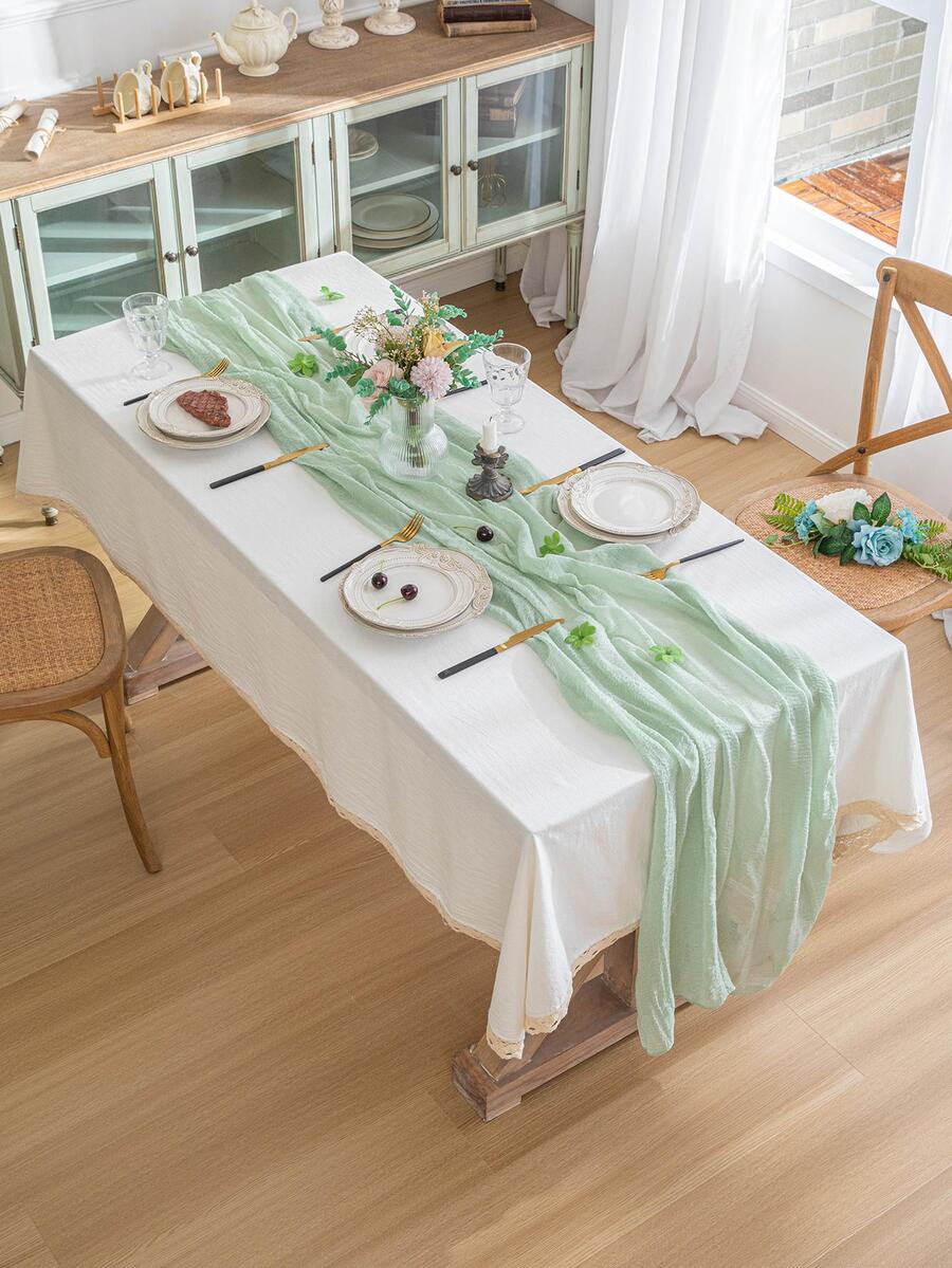 1pc Solid Color Table Runner, Minimalist Polyester Kitchen Table Runner For Home - Green - View 1