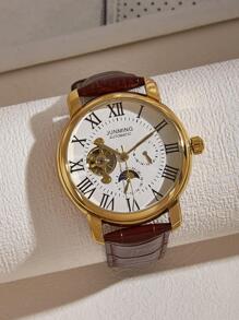 JUNMING 1pc Men's Coffee Pu Leather Band Mechanical Watch With Gold Roman Numerals, Moon Phase & Openwork Flying Wheel Design - Gold - View 1