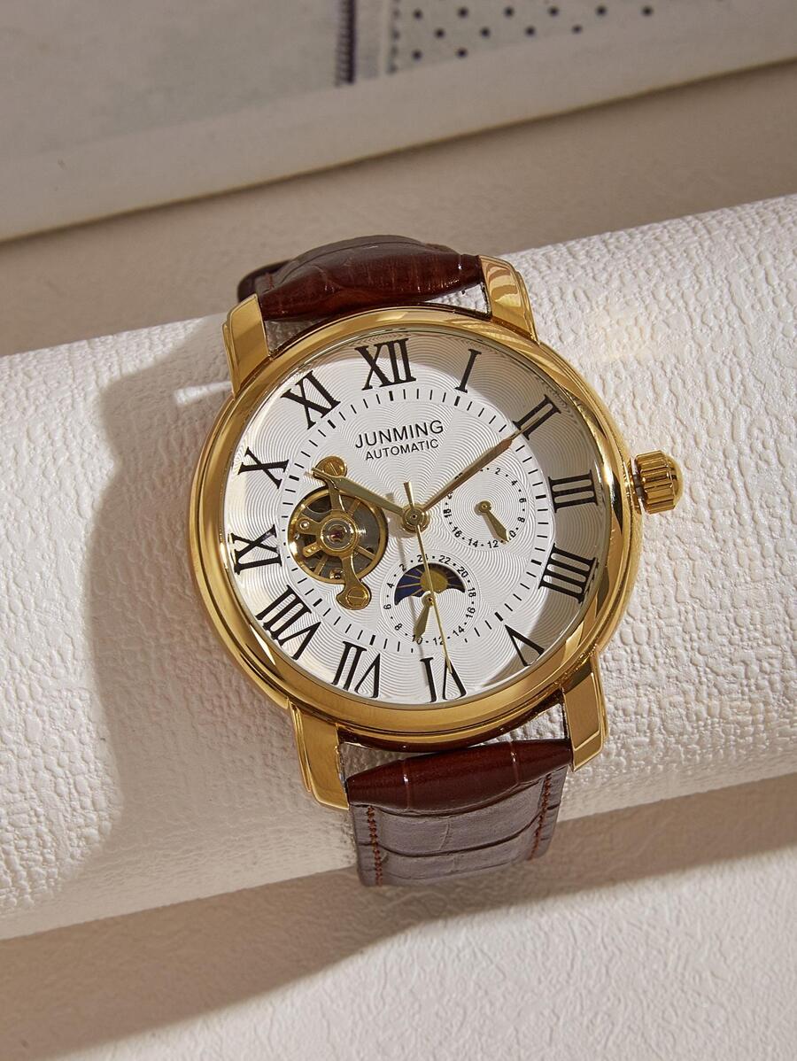 JUNMING 1pc Men's Coffee Pu Leather Band Mechanical Watch With Gold Roman Numerals, Moon Phase & Openwork Flying Wheel Design - Gold - View 1