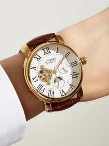 JUNMING 1pc Men's Coffee Pu Leather Band Mechanical Watch With Gold Roman Numerals, Moon Phase & Openwork Flying Wheel Design - Gold - View 2