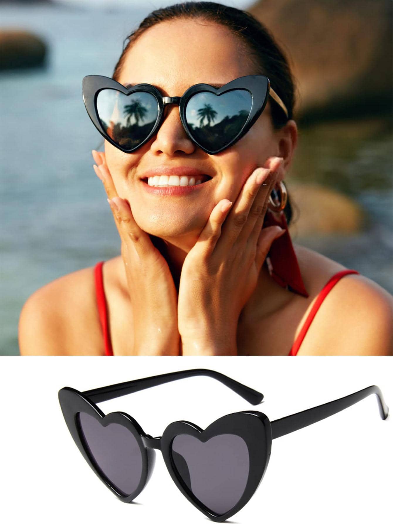 1pc Heart Shaped Fashion Glasses, Bridal Wedding Gift For Single Ladies Party For Summer Beach Vacation,Outdoor,Travel - Black - View 1
