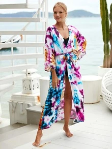 Tie Dye Batwing Sleeve Kimono - Multicolor - View 10