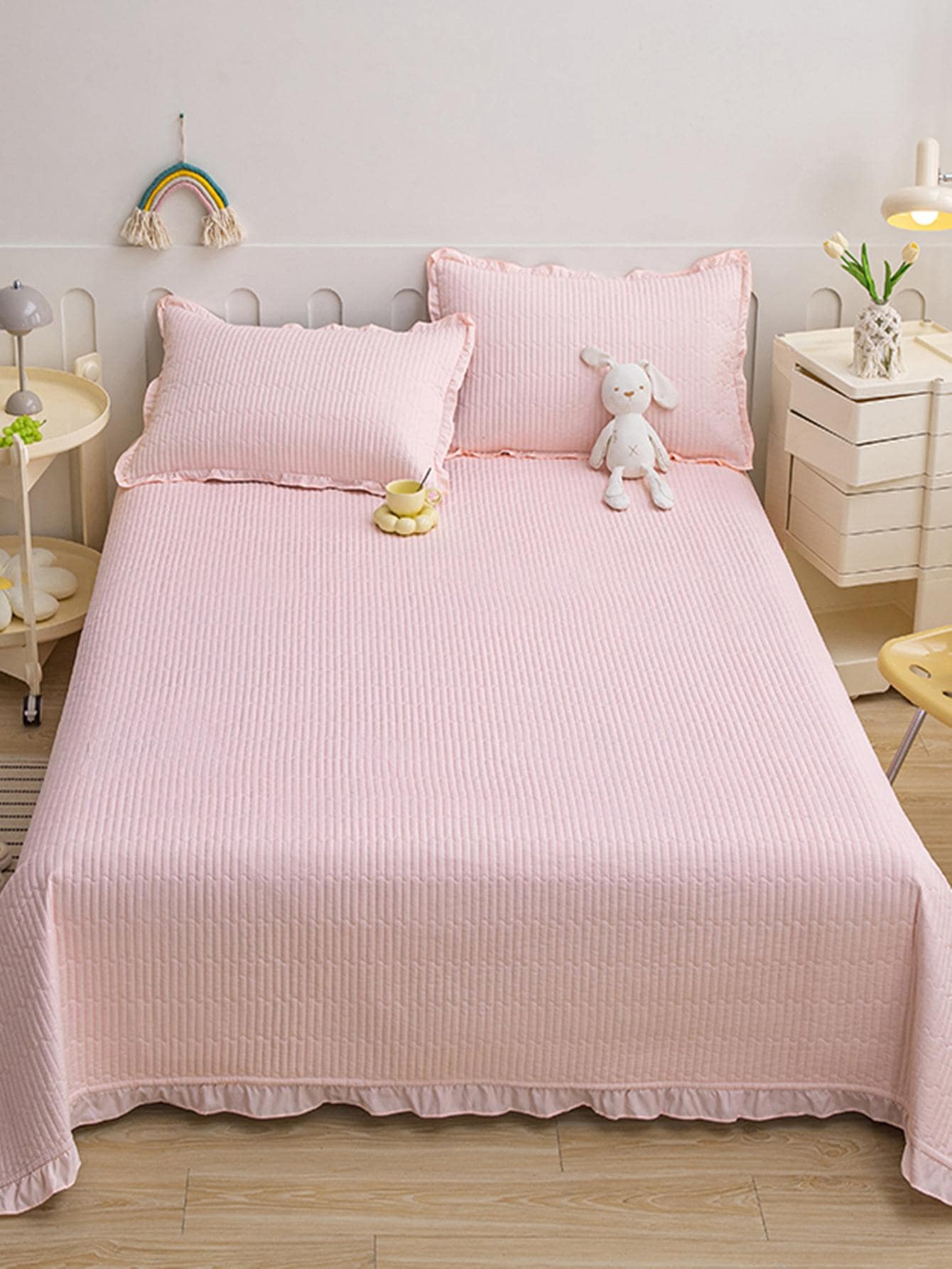 1 Tấm trải giường viền ren trơn, Chăn vải tối giản cho phòng ngủ - Màu Hồng baby - Xem 1