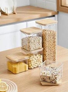 1入組密封食品儲存罐，帶木質蓋，適用於咖啡豆/穀物，塑料廚房儲存容器 - 圓形透明 - 查看 10